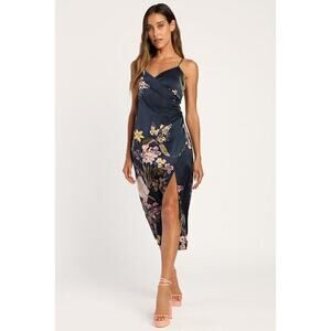Lulus Remarkable Entrance Navy Blue Floral Print Satin Midi Dress - Size XS